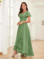 Mother of the Bride Chiffon Dress – Lace Ruched V-Neck High Low Formal Dress with Short Sleeves oaklynwear