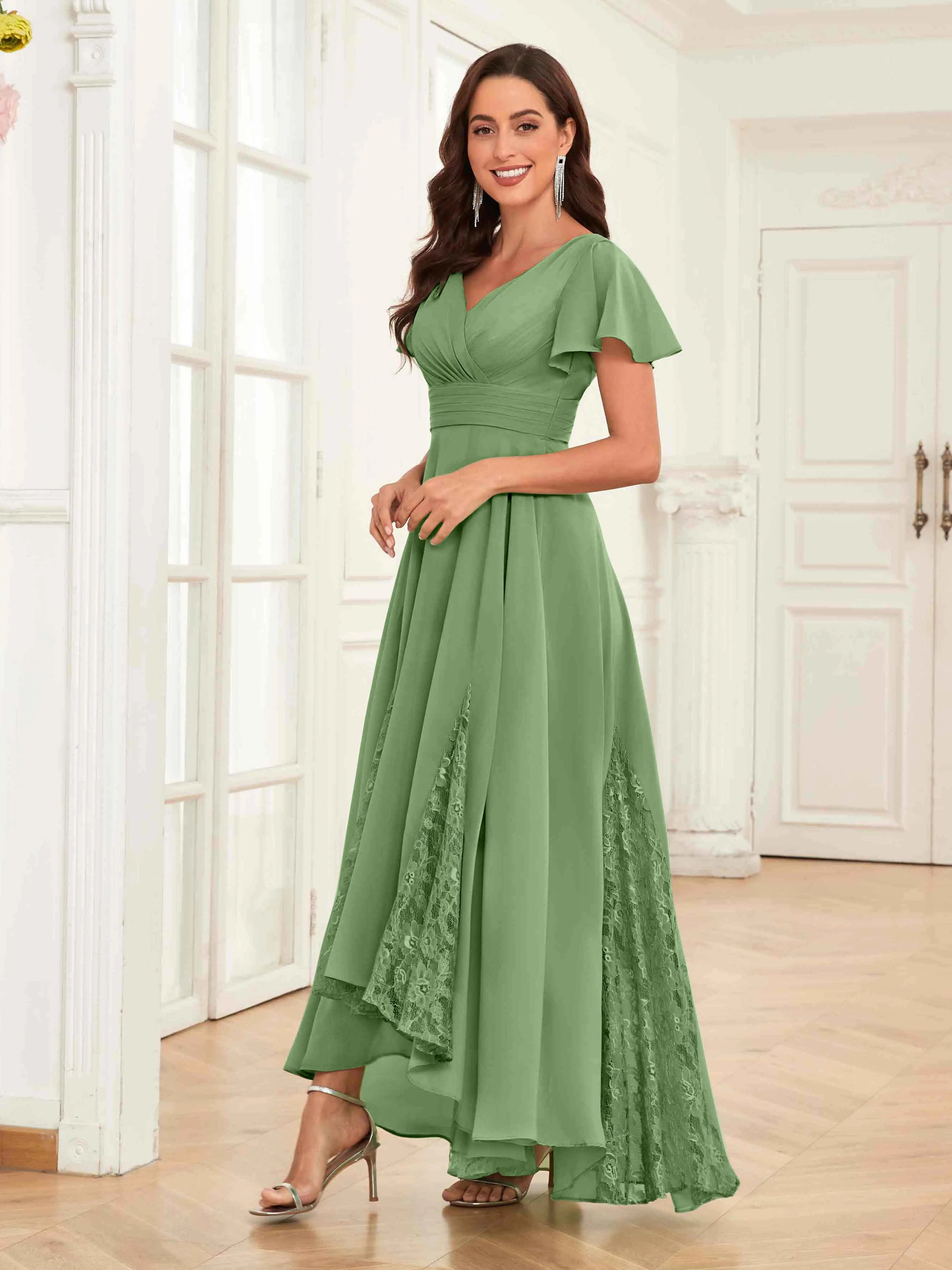 Mother of the Bride Chiffon Dress – Lace Ruched V-Neck High Low Formal Dress with Short Sleeves oaklynwear
