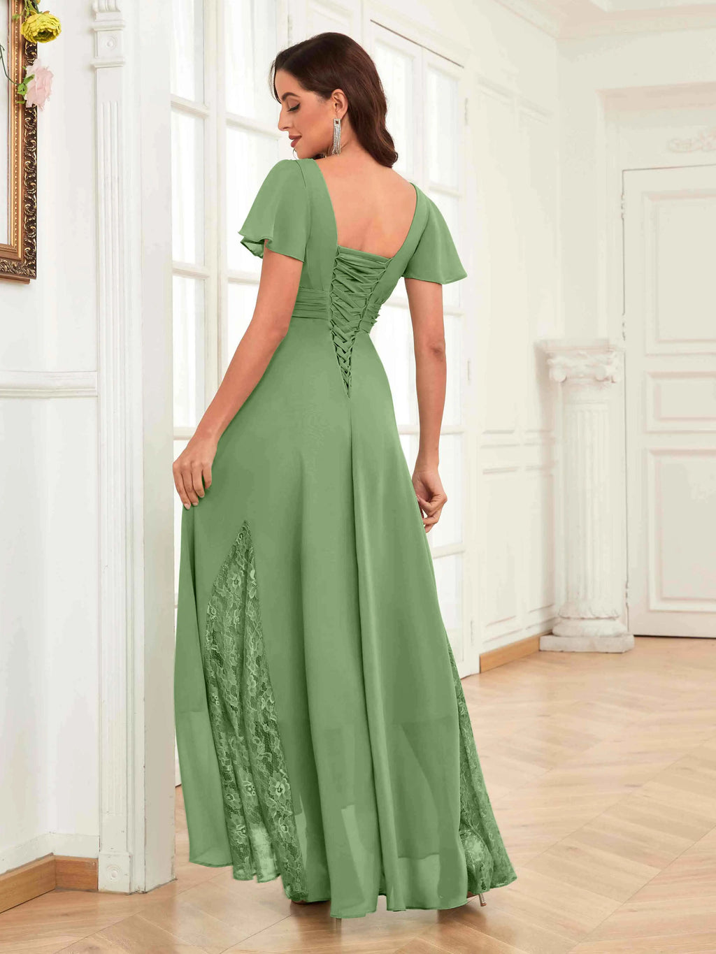 Mother of the Bride Chiffon Dress – Lace Ruched V-Neck High Low Formal Dress with Short Sleeves oaklynwear