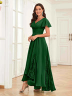 Mother of the Bride Chiffon Dress – Lace Ruched V-Neck High Low Formal Dress with Short Sleeves oaklynwear