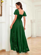 Mother of the Bride Chiffon Dress – Lace Ruched V-Neck High Low Formal Dress with Short Sleeves oaklynwear