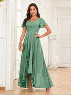 Mother of the Bride Chiffon Dress – Lace Ruched V-Neck High Low Formal Dress with Short Sleeves oaklynwear