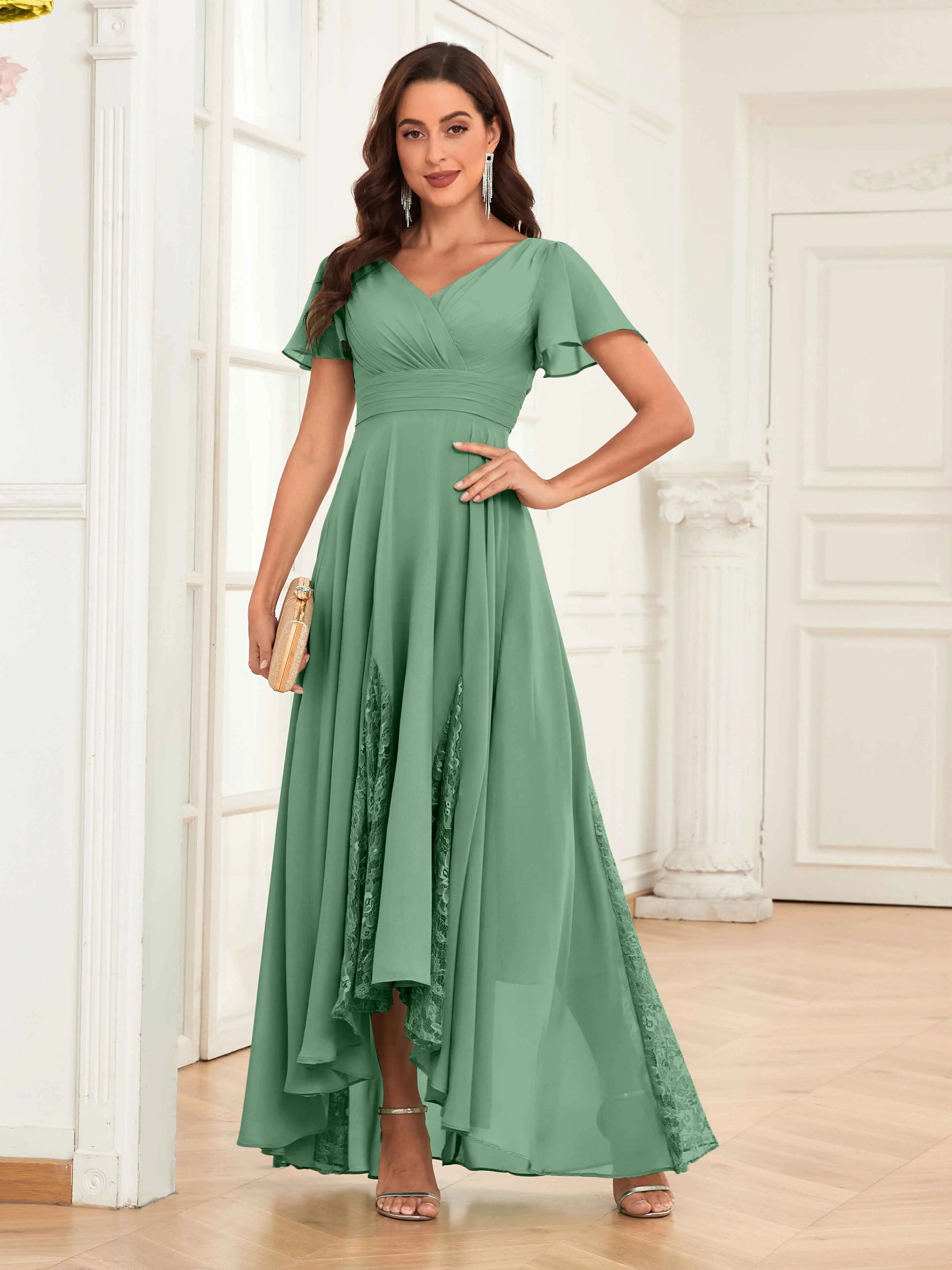 Mother of the Bride Chiffon Dress – Lace Ruched V-Neck High Low Formal Dress with Short Sleeves oaklynwear