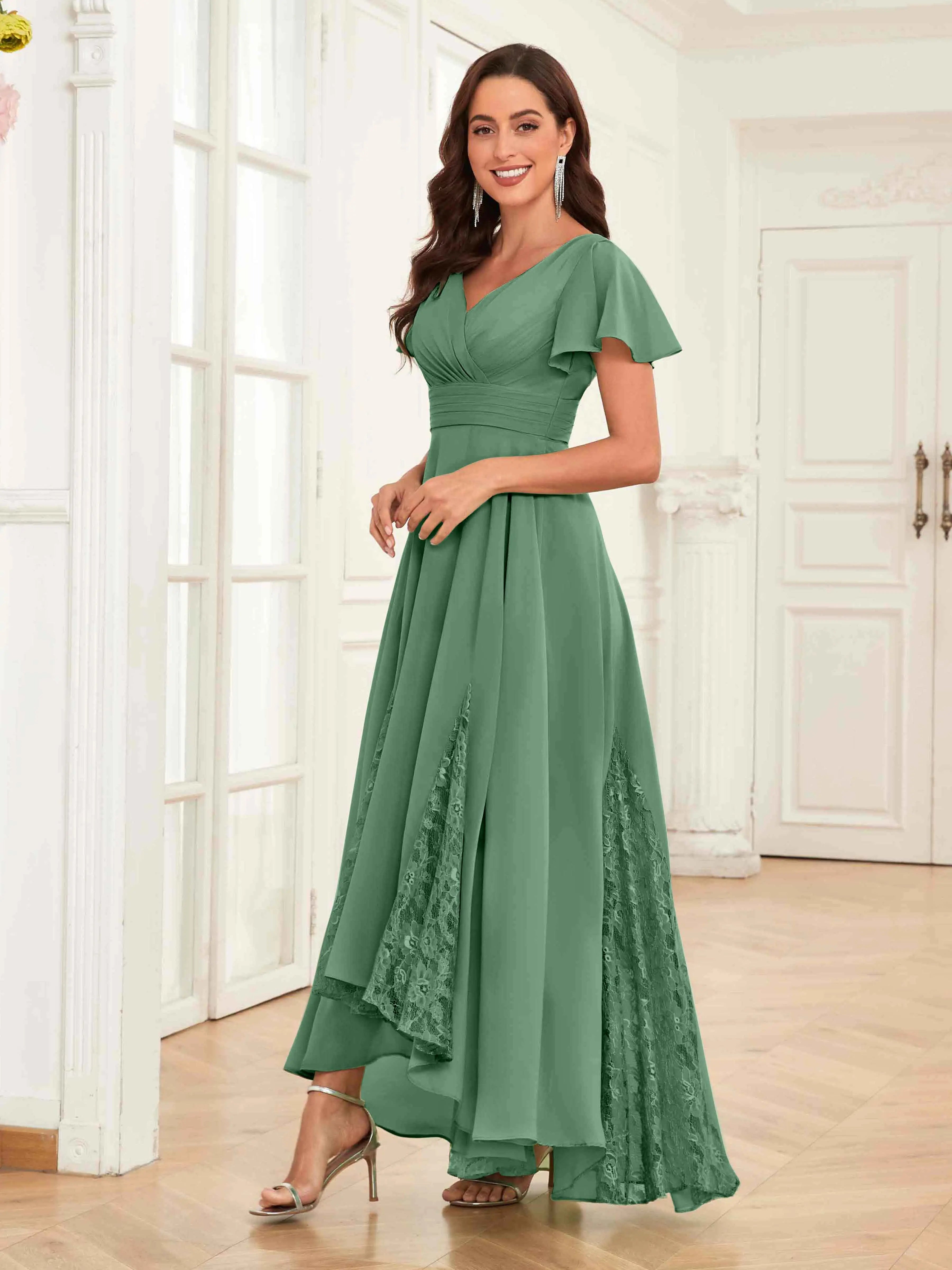 Mother of the Bride Chiffon Dress – Lace Ruched V-Neck High Low Formal Dress with Short Sleeves oaklynwear
