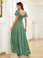 Mother of the Bride Chiffon Dress – Lace Ruched V-Neck High Low Formal Dress with Short Sleeves oaklynwear