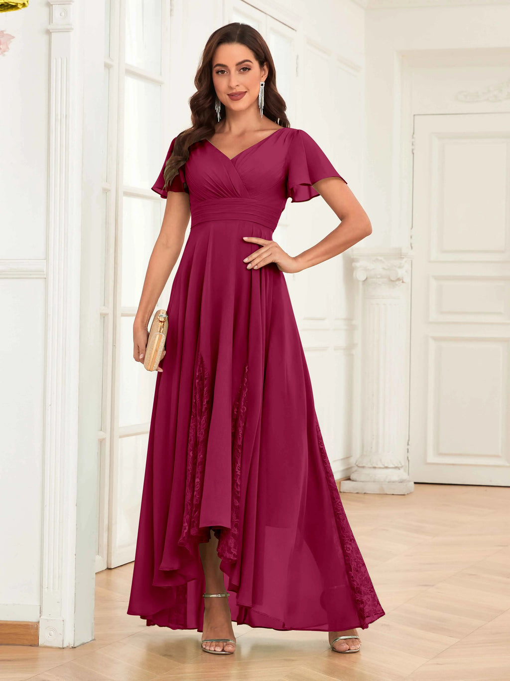 Mother of the Bride Chiffon Dress – Lace Ruched V-Neck High Low Formal Dress with Short Sleeves oaklynwear