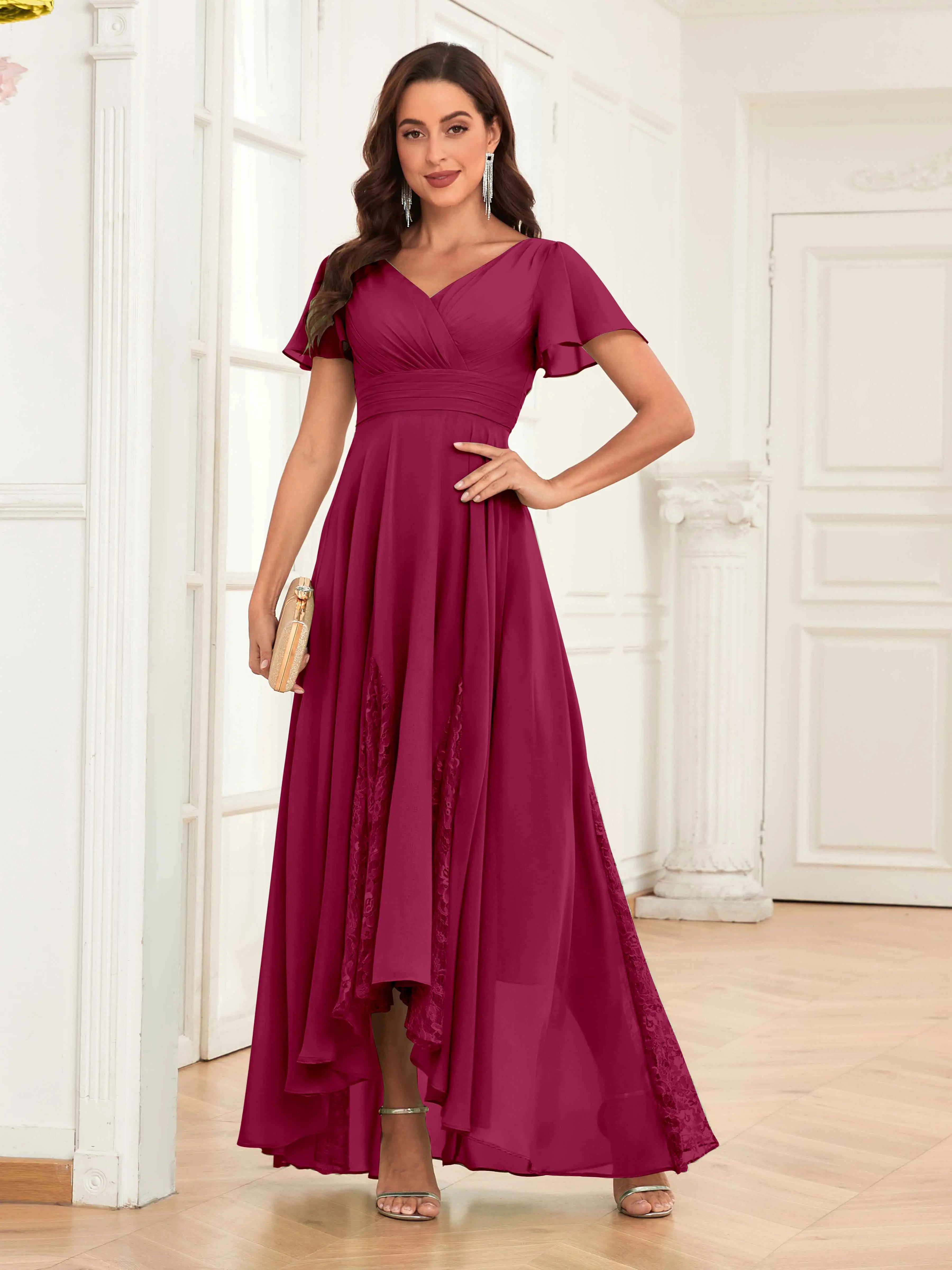 Mother of the Bride Chiffon Dress – Lace Ruched V-Neck High Low Formal Dress with Short Sleeves oaklynwear