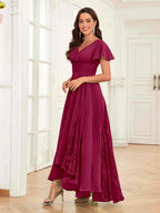 Mother of the Bride Chiffon Dress – Lace Ruched V-Neck High Low Formal Dress with Short Sleeves oaklynwear
