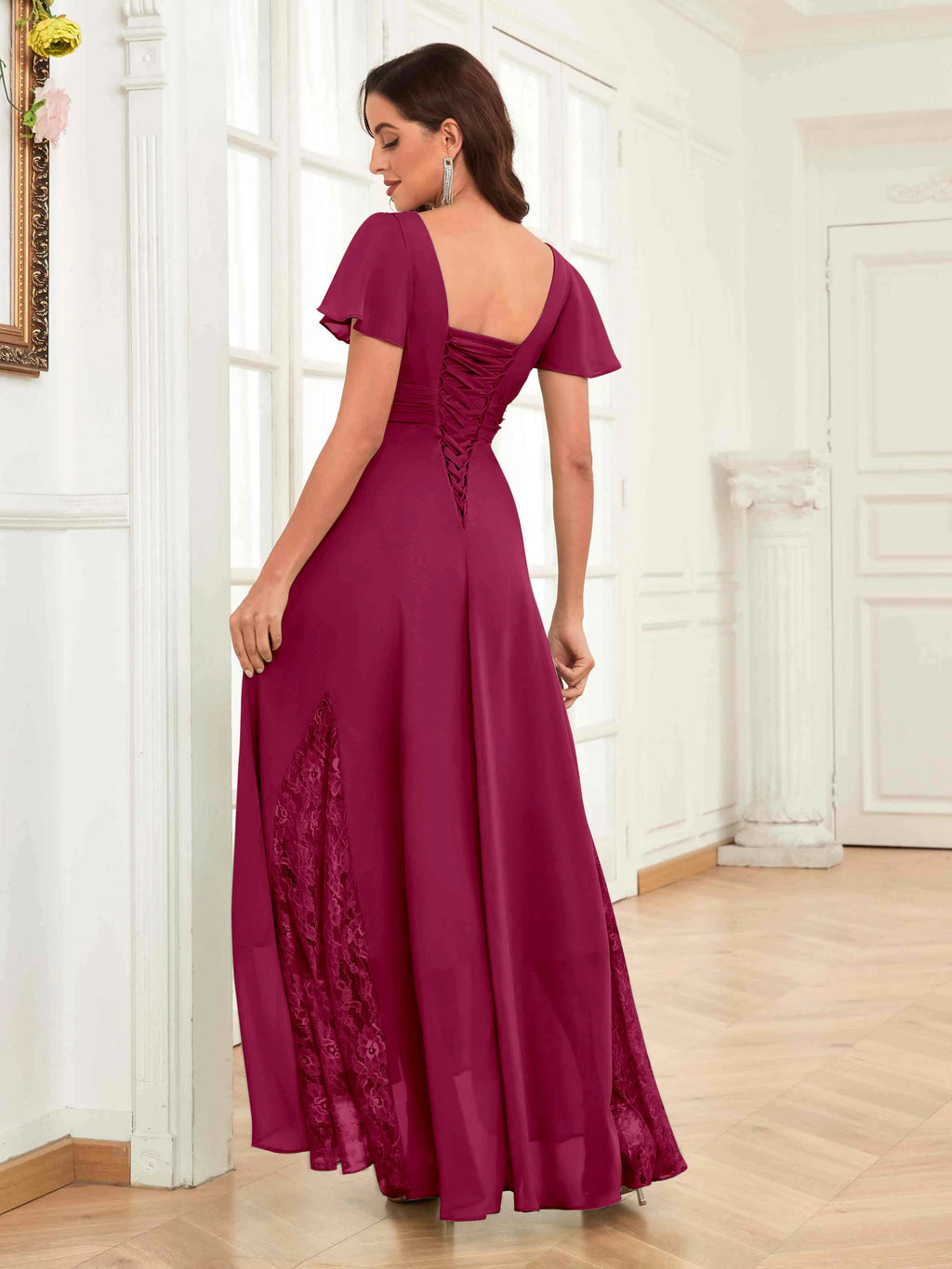 Mother of the Bride Chiffon Dress – Lace Ruched V-Neck High Low Formal Dress with Short Sleeves oaklynwear