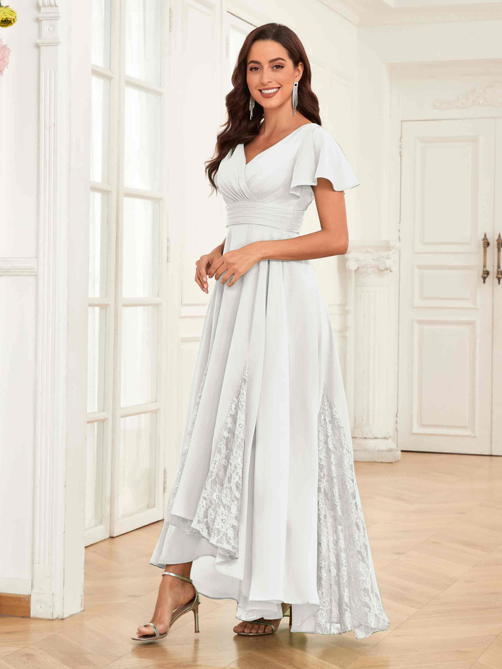 Mother of the Bride Chiffon Dress – Lace Ruched V-Neck High Low Formal Dress with Short Sleeves oaklynwear