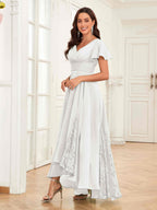 Mother of the Bride Chiffon Dress – Lace Ruched V-Neck High Low Formal Dress with Short Sleeves oaklynwear