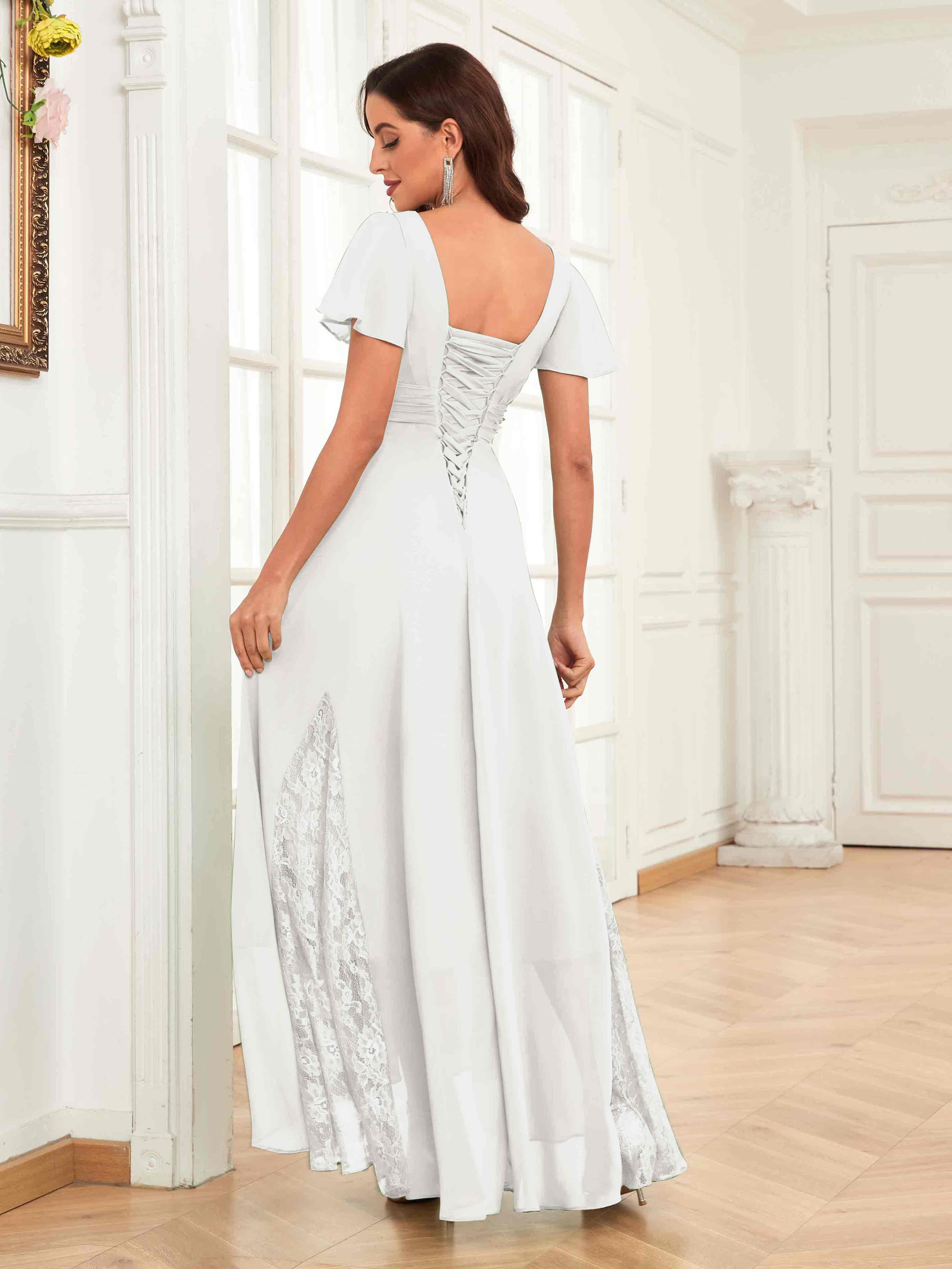 Mother of the Bride Chiffon Dress – Lace Ruched V-Neck High Low Formal Dress with Short Sleeves oaklynwear