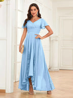 Mother of the Bride Chiffon Dress – Lace Ruched V-Neck High Low Formal Dress with Short Sleeves oaklynwear