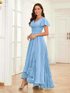 Mother of the Bride Chiffon Dress – Lace Ruched V-Neck High Low Formal Dress with Short Sleeves oaklynwear