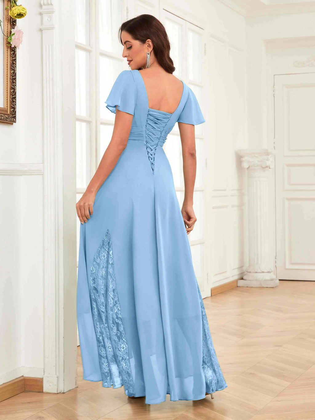 Mother of the Bride Chiffon Dress – Lace Ruched V-Neck High Low Formal Dress with Short Sleeves oaklynwear
