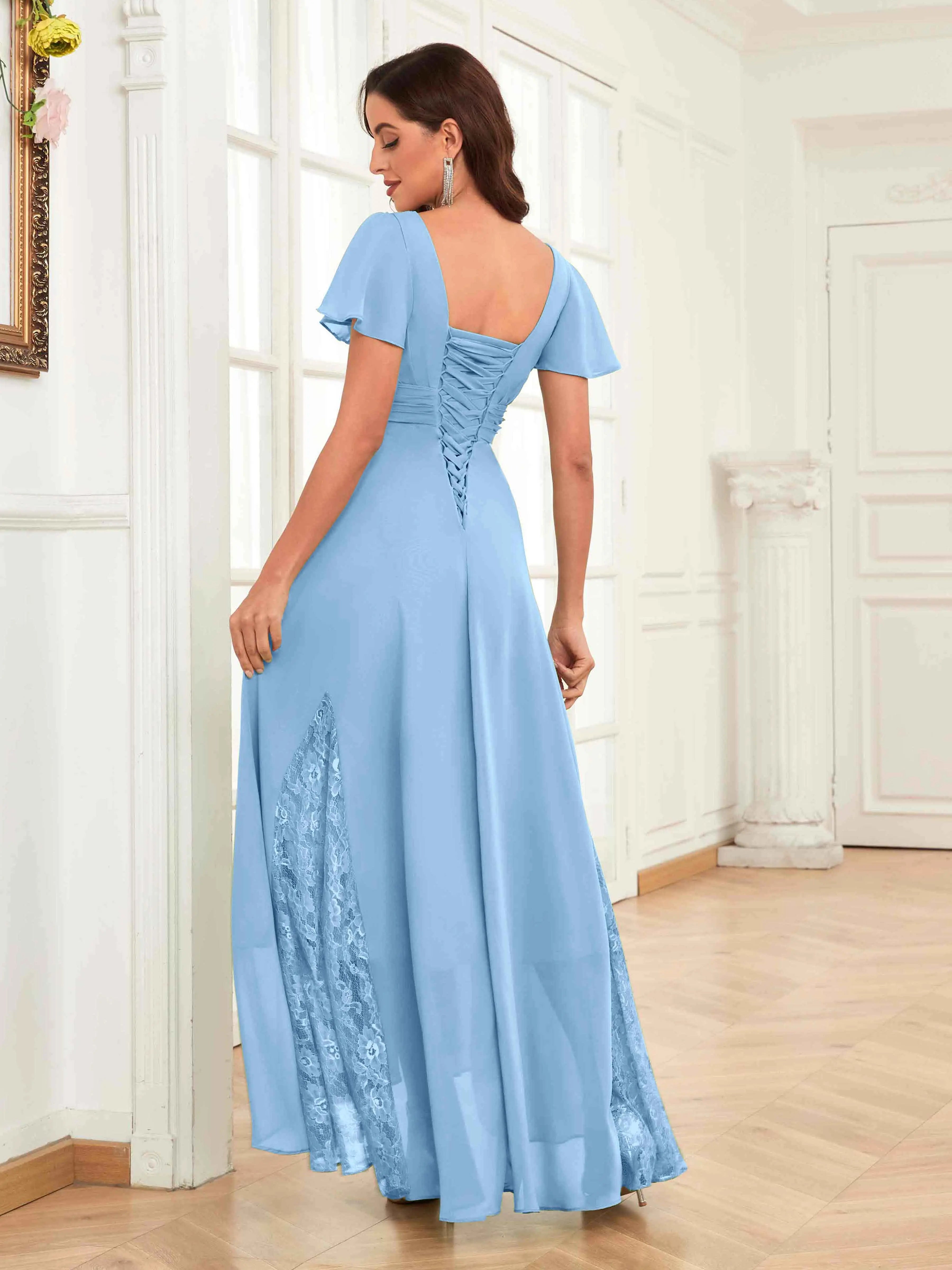 Mother of the Bride Chiffon Dress – Lace Ruched V-Neck High Low Formal Dress with Short Sleeves oaklynwear