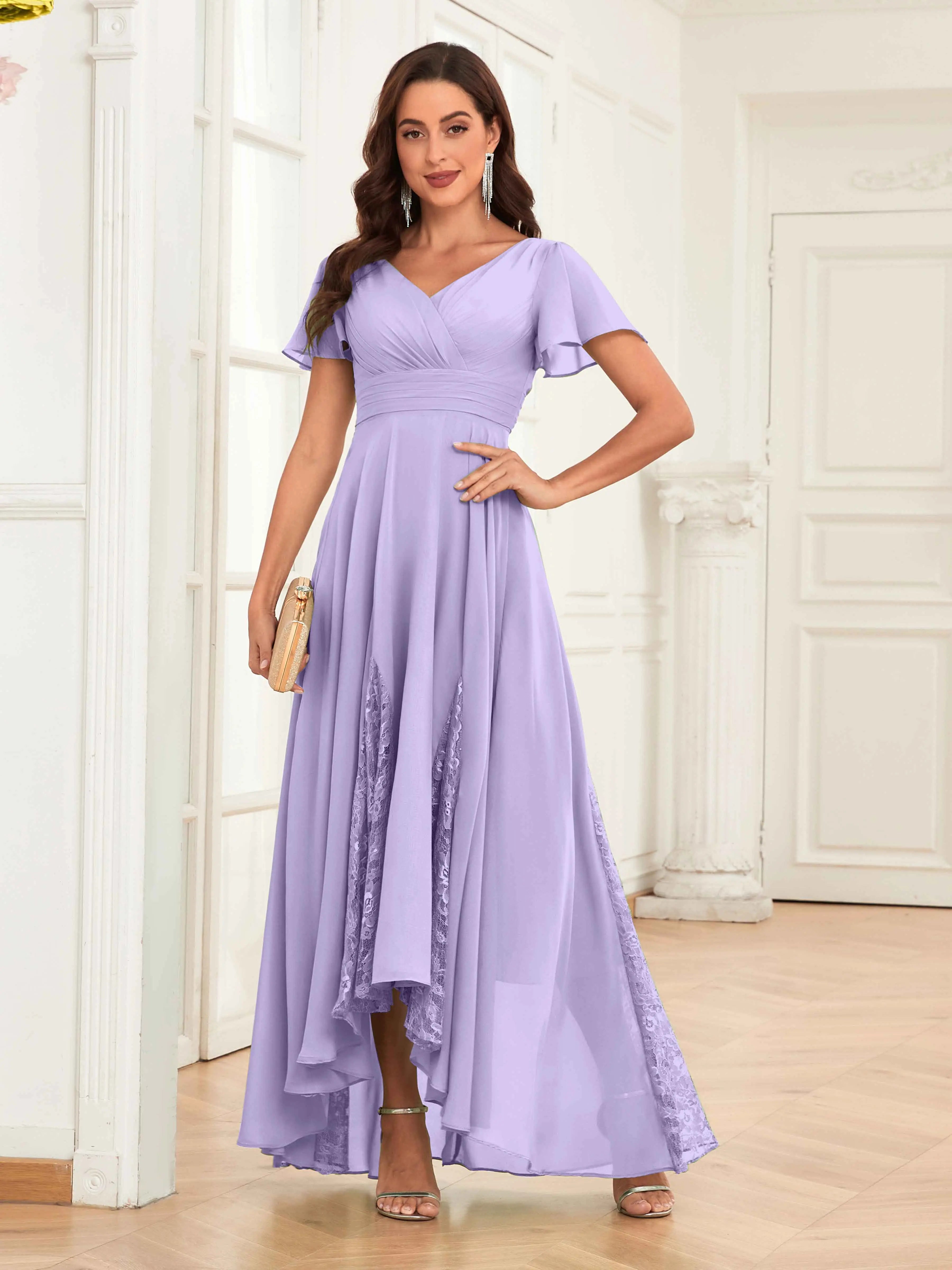 Mother of the Bride Chiffon Dress – Lace Ruched V-Neck High Low Formal Dress with Short Sleeves oaklynwear
