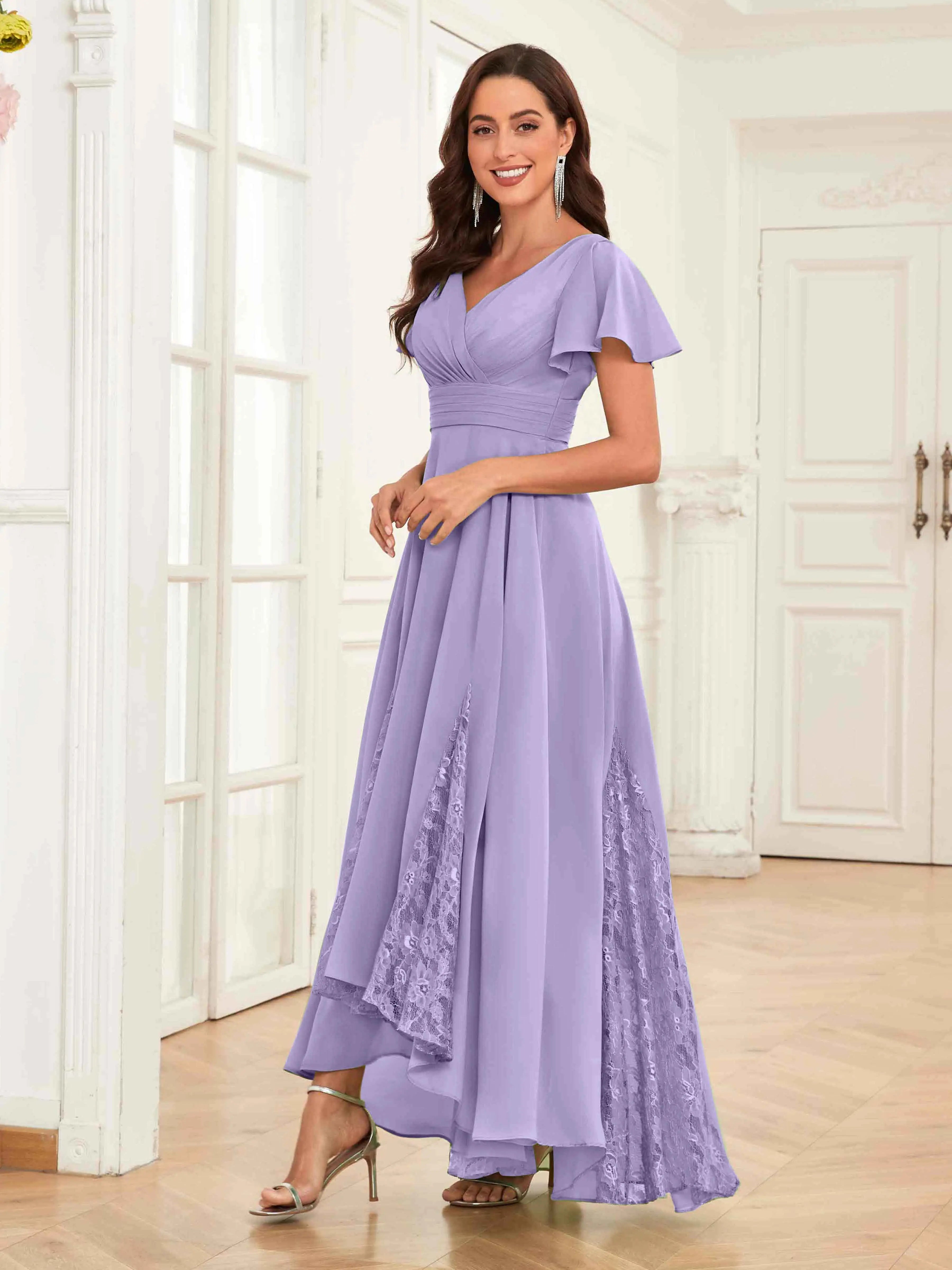 Mother of the Bride Chiffon Dress – Lace Ruched V-Neck High Low Formal Dress with Short Sleeves oaklynwear