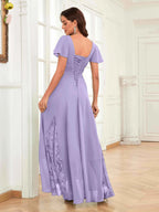 Mother of the Bride Chiffon Dress – Lace Ruched V-Neck High Low Formal Dress with Short Sleeves oaklynwear