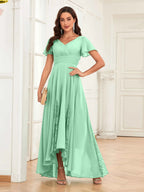Mother of the Bride Chiffon Dress – Lace Ruched V-Neck High Low Formal Dress with Short Sleeves oaklynwear