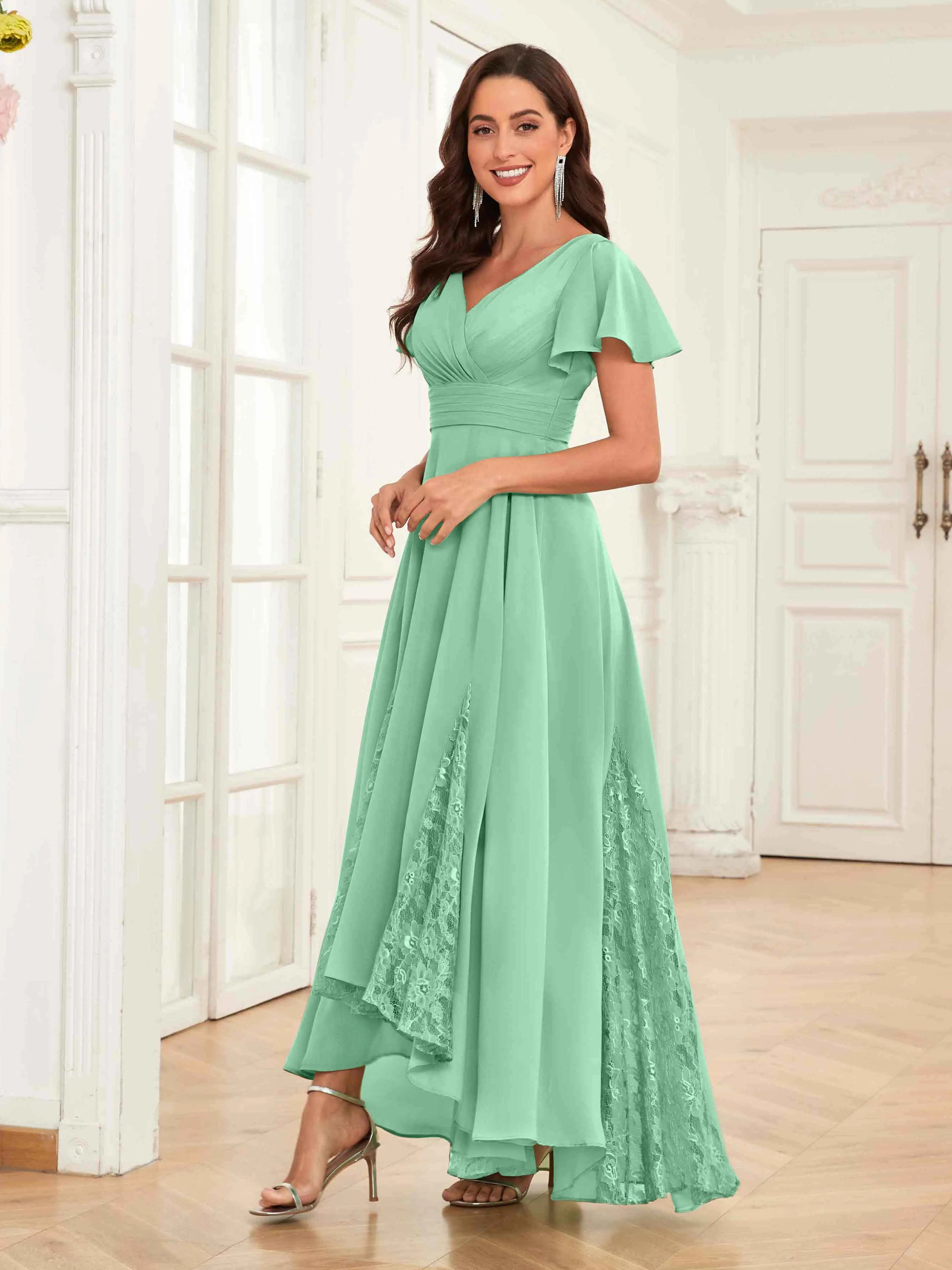 Mother of the Bride Chiffon Dress – Lace Ruched V-Neck High Low Formal Dress with Short Sleeves oaklynwear