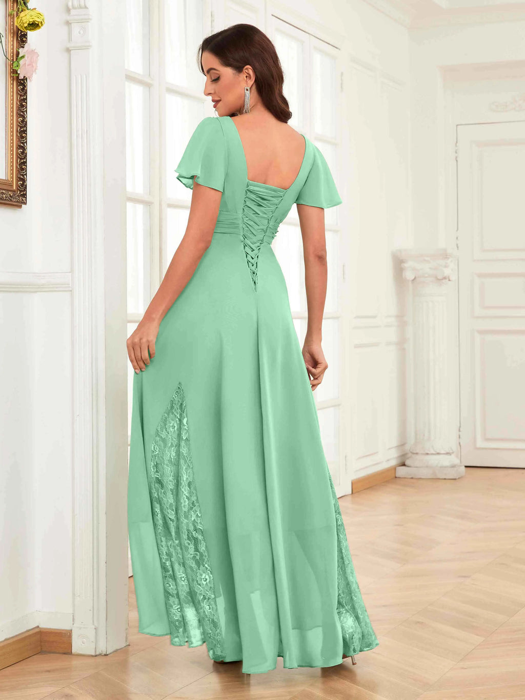 Mother of the Bride Chiffon Dress – Lace Ruched V-Neck High Low Formal Dress with Short Sleeves oaklynwear