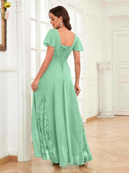 Mother of the Bride Chiffon Dress – Lace Ruched V-Neck High Low Formal Dress with Short Sleeves oaklynwear