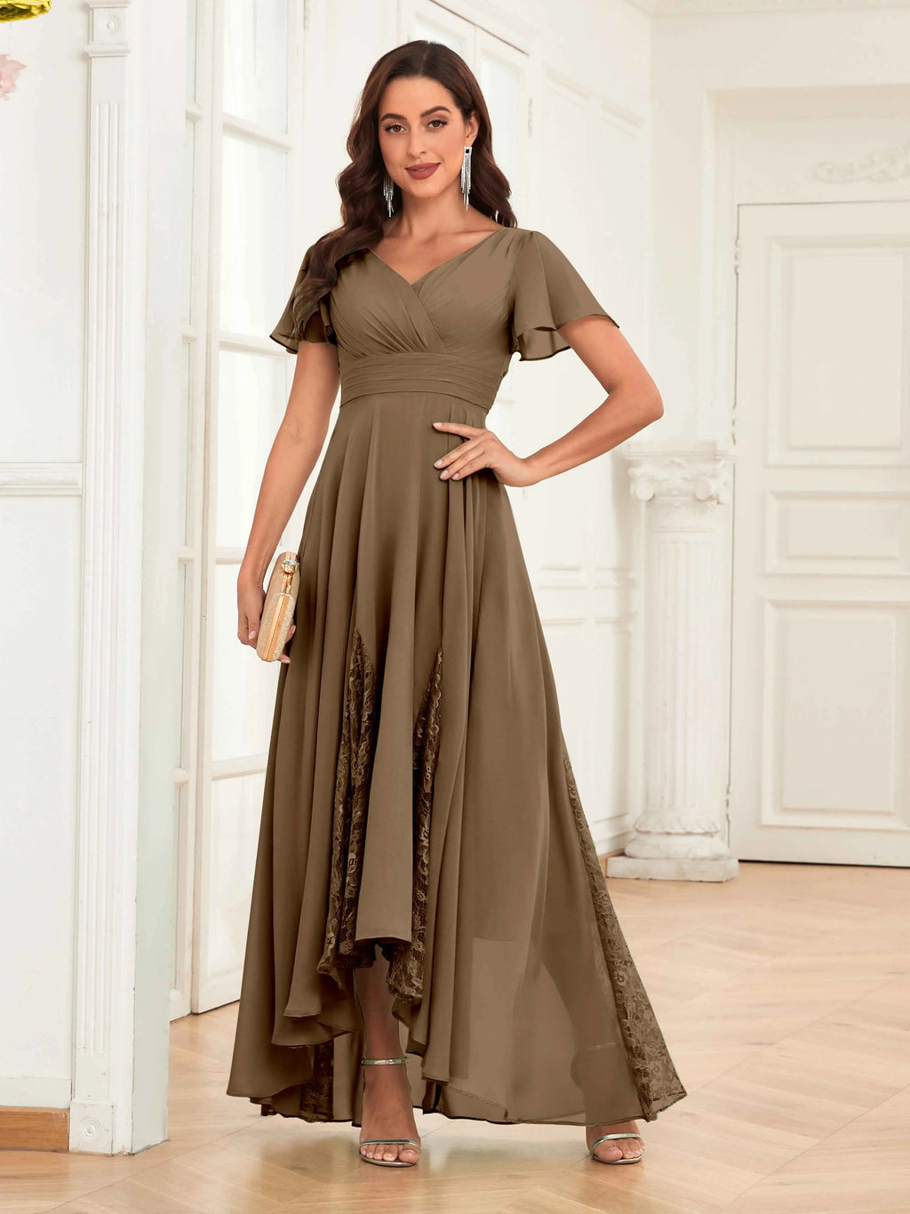 Mother of the Bride Chiffon Dress – Lace Ruched V-Neck High Low Formal Dress with Short Sleeves oaklynwear