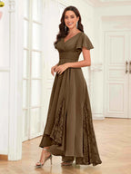 Mother of the Bride Chiffon Dress – Lace Ruched V-Neck High Low Formal Dress with Short Sleeves oaklynwear
