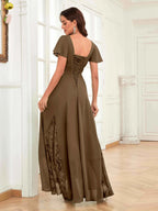 Mother of the Bride Chiffon Dress – Lace Ruched V-Neck High Low Formal Dress with Short Sleeves oaklynwear