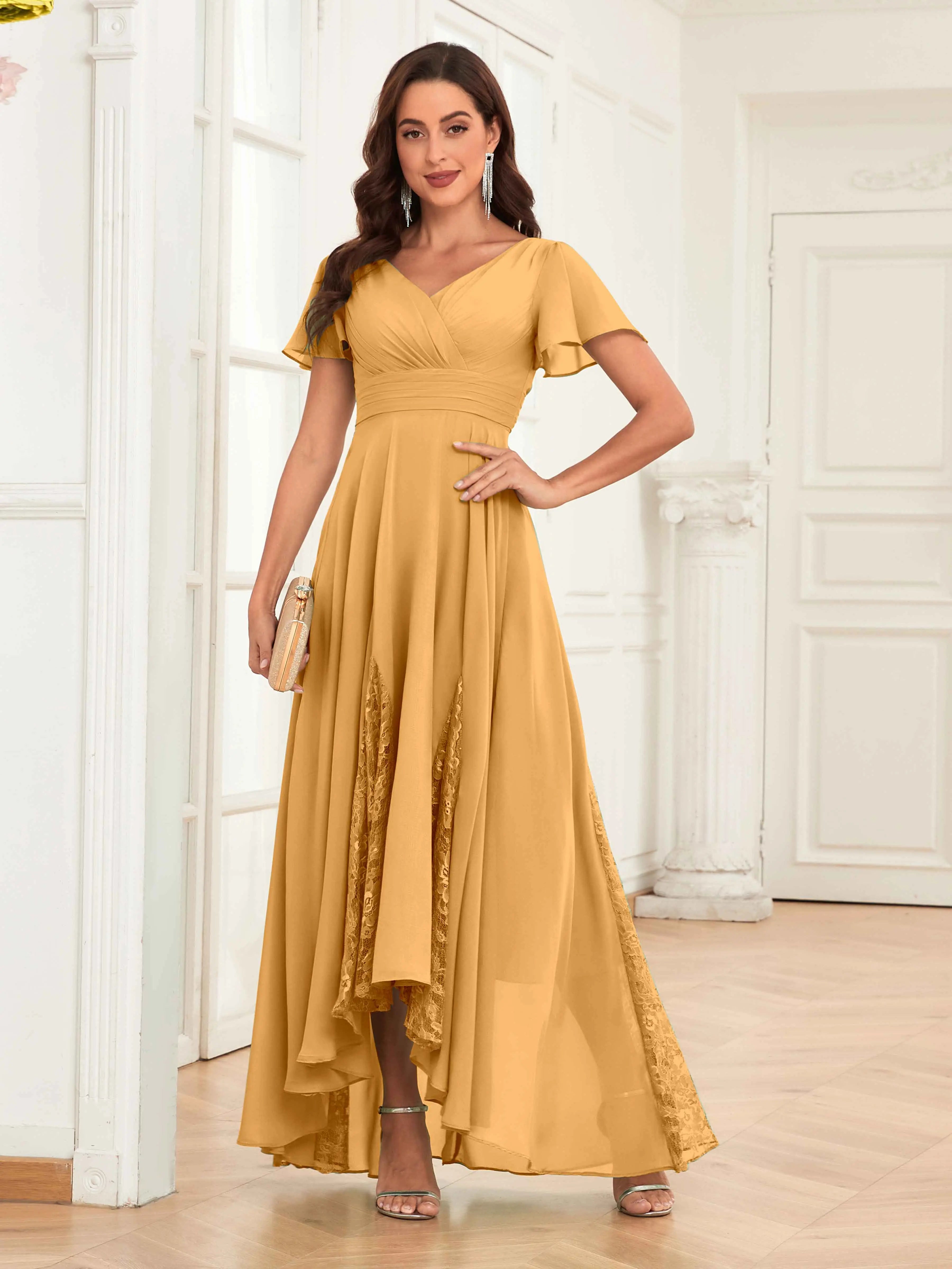 Mother of the Bride Chiffon Dress – Lace Ruched V-Neck High Low Formal Dress with Short Sleeves oaklynwear