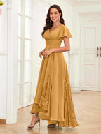 Mother of the Bride Chiffon Dress – Lace Ruched V-Neck High Low Formal Dress with Short Sleeves oaklynwear