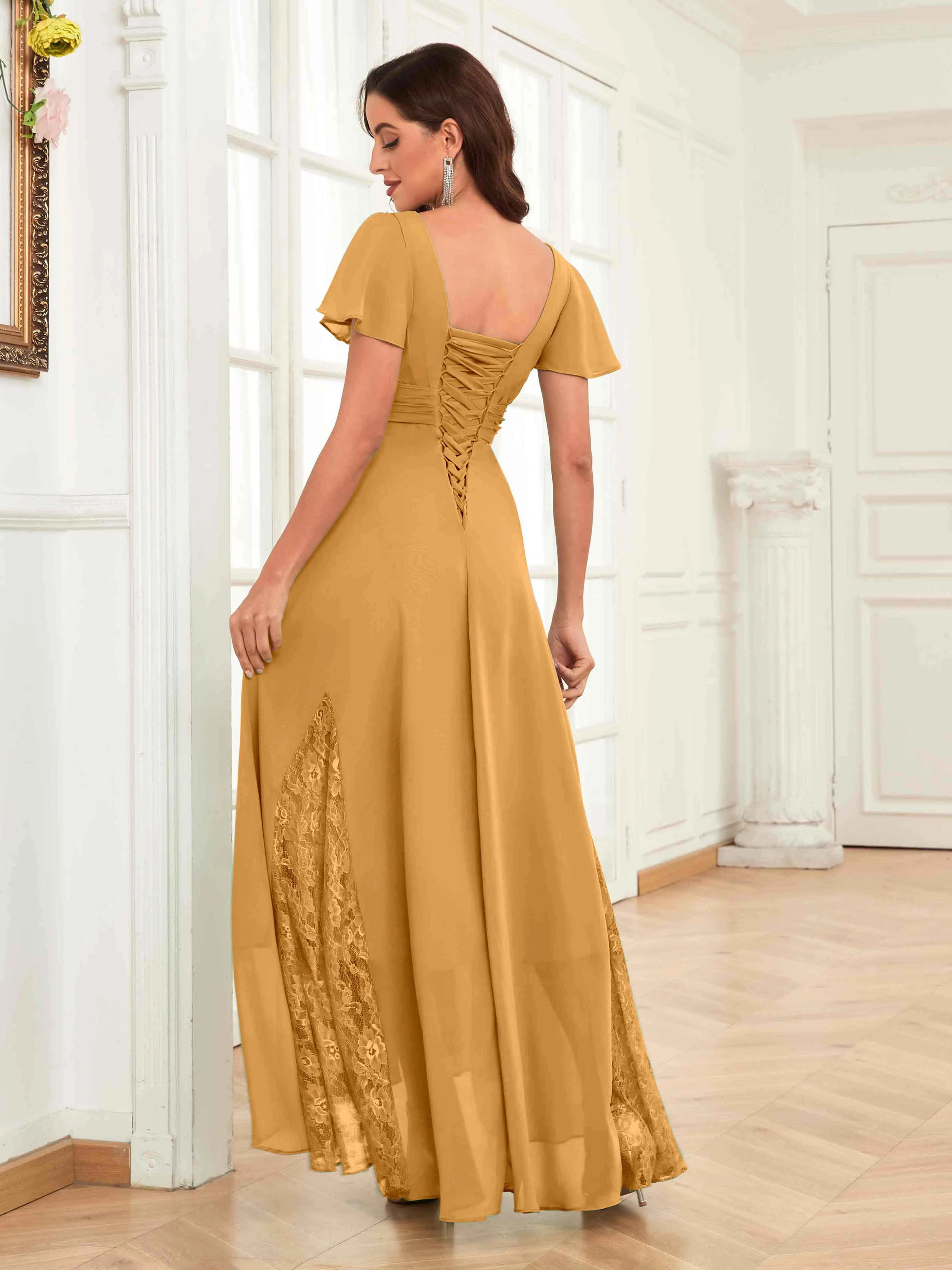 Mother of the Bride Chiffon Dress – Lace Ruched V-Neck High Low Formal Dress with Short Sleeves oaklynwear