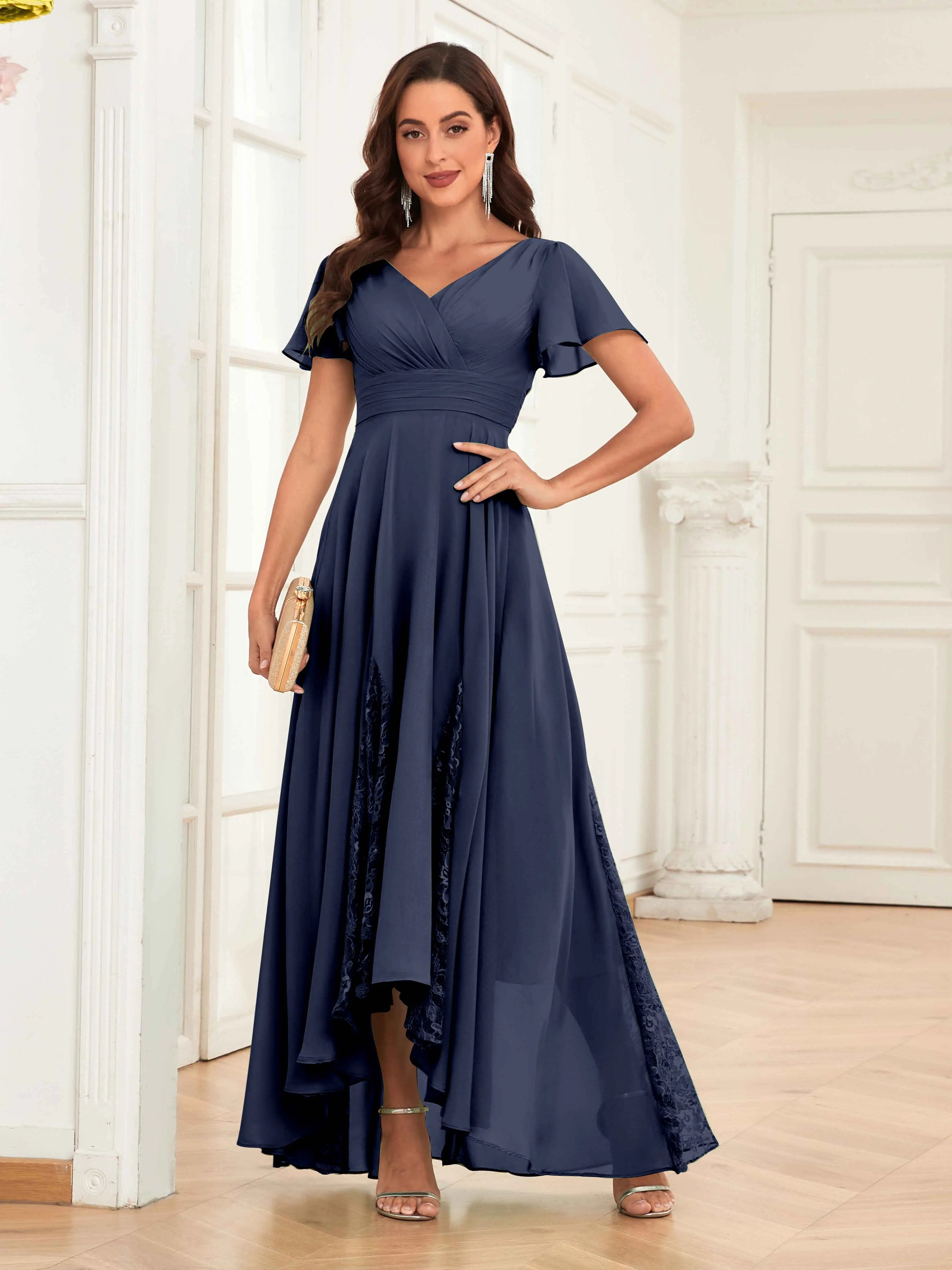 Mother of the Bride Chiffon Dress – Lace Ruched V-Neck High Low Formal Dress with Short Sleeves oaklynwear