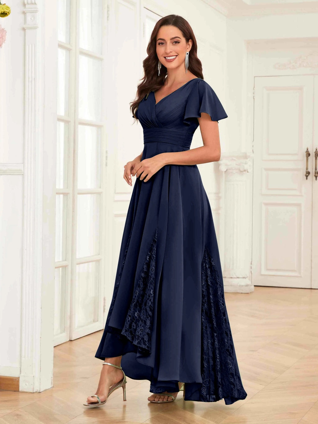 Mother of the Bride Chiffon Dress – Lace Ruched V-Neck High Low Formal Dress with Short Sleeves oaklynwear