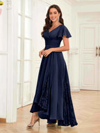 Mother of the Bride Chiffon Dress – Lace Ruched V-Neck High Low Formal Dress with Short Sleeves oaklynwear