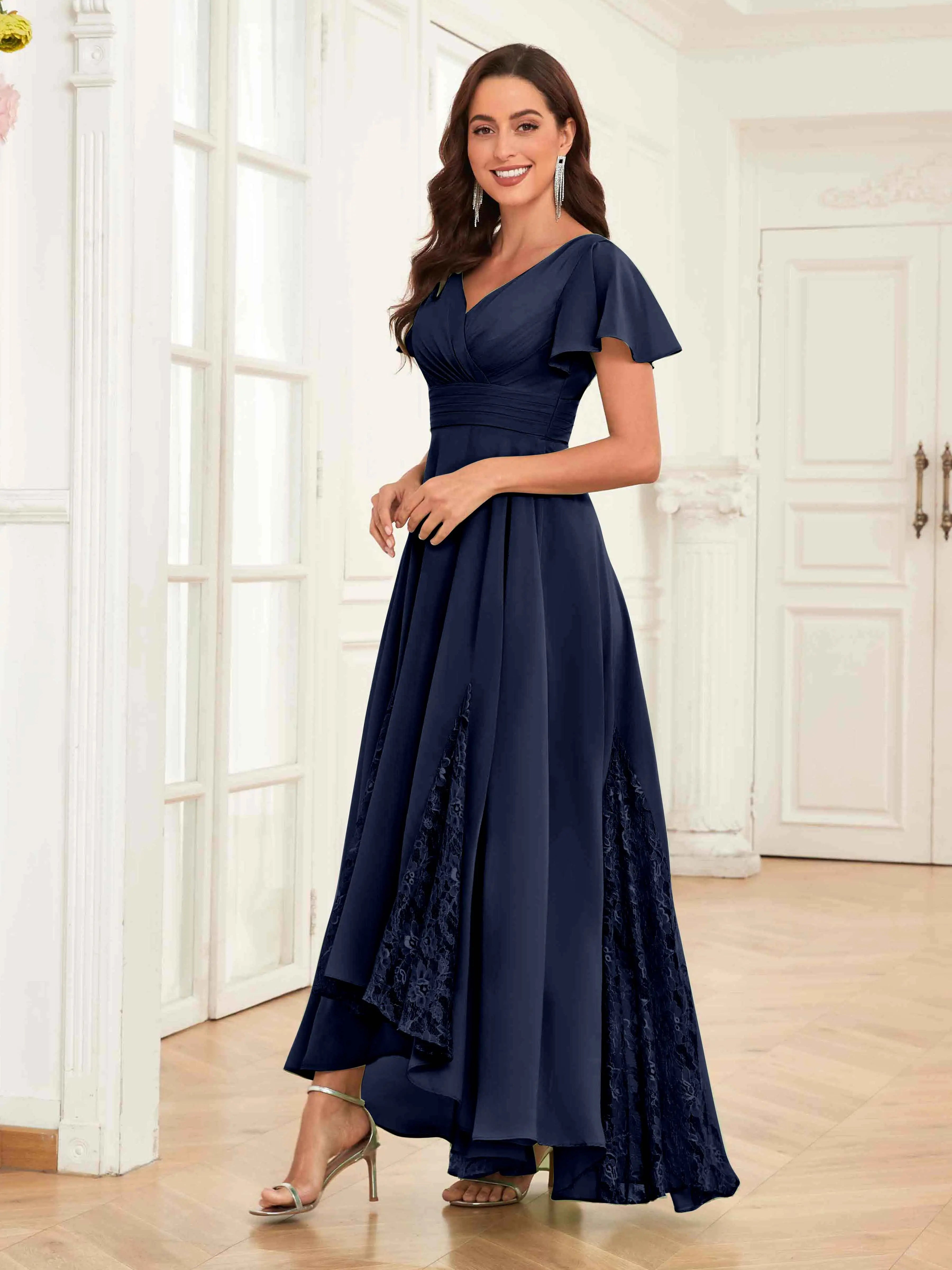 Mother of the Bride Chiffon Dress – Lace Ruched V-Neck High Low Formal Dress with Short Sleeves oaklynwear