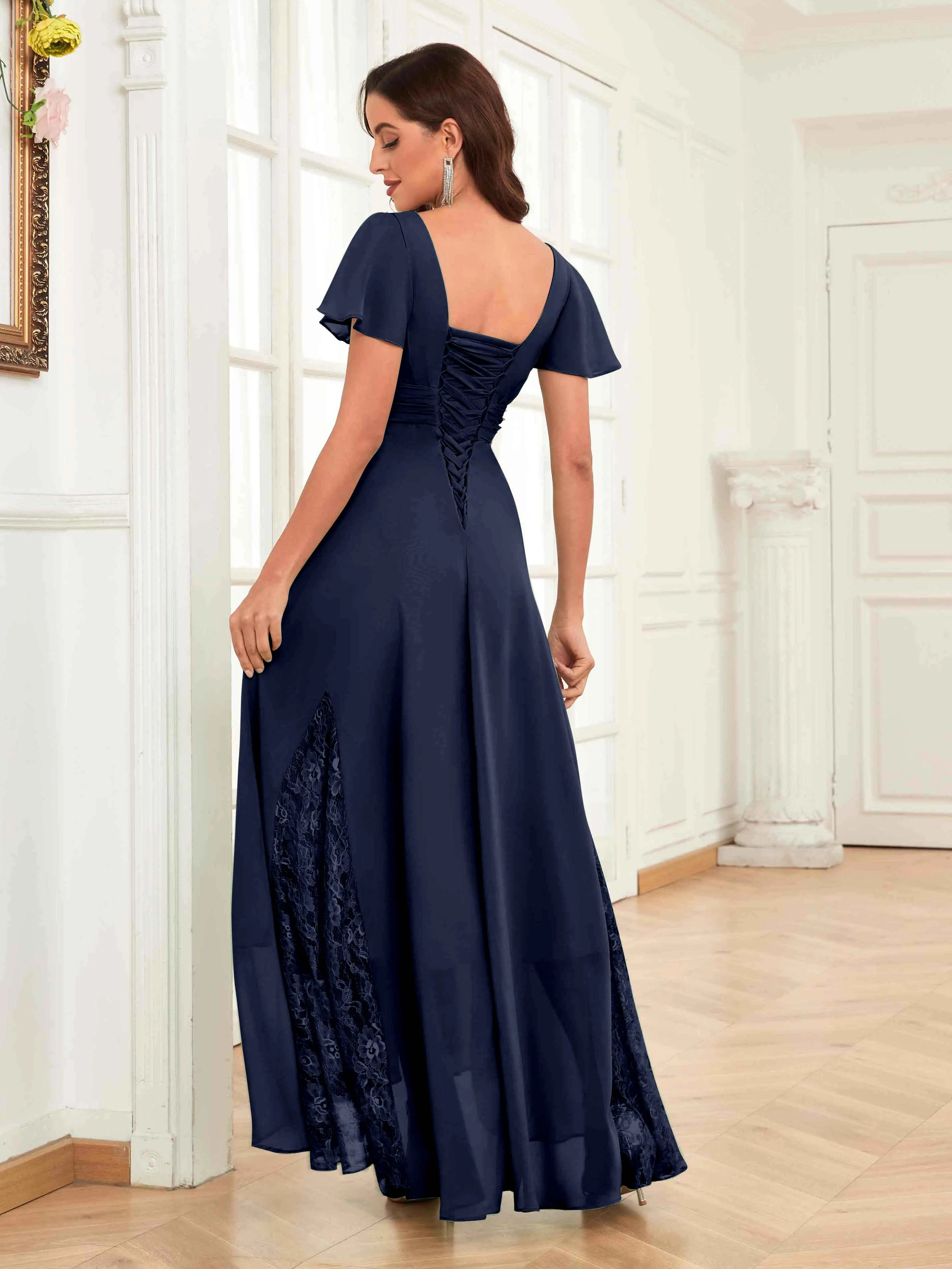 Mother of the Bride Chiffon Dress – Lace Ruched V-Neck High Low Formal Dress with Short Sleeves oaklynwear