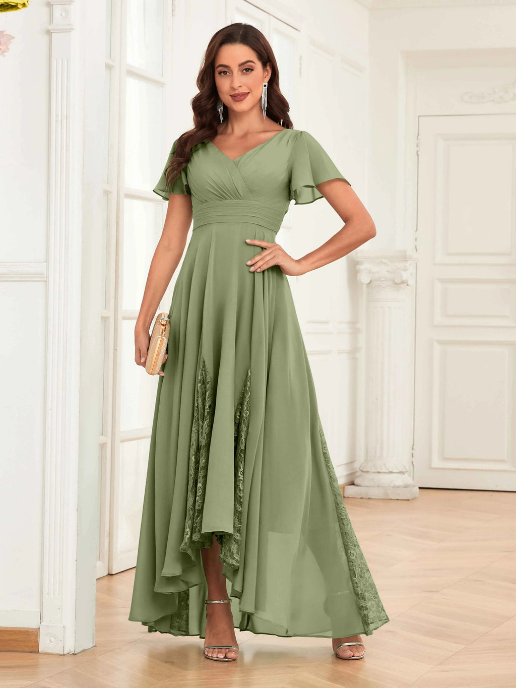 Mother of the Bride Chiffon Dress – Lace Ruched V-Neck High Low Formal Dress with Short Sleeves oaklynwear