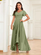 Mother of the Bride Chiffon Dress – Lace Ruched V-Neck High Low Formal Dress with Short Sleeves oaklynwear
