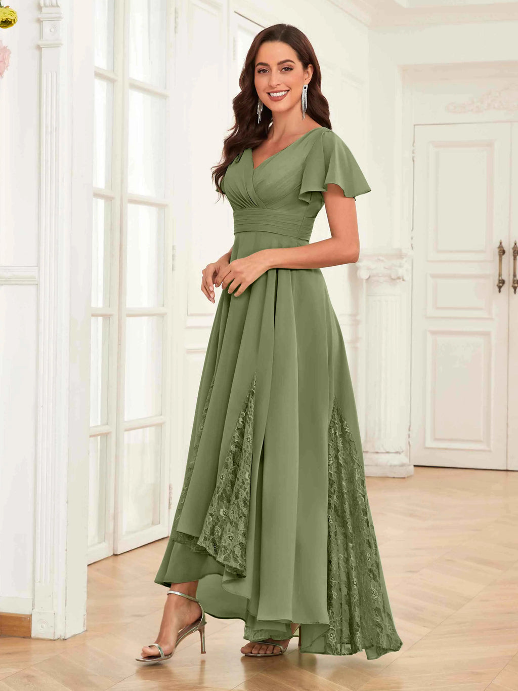Mother of the Bride Chiffon Dress – Lace Ruched V-Neck High Low Formal Dress with Short Sleeves oaklynwear