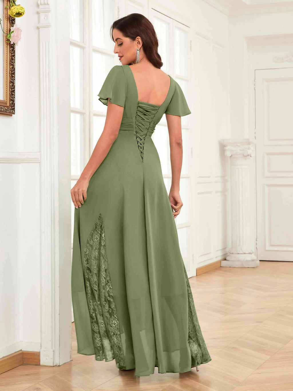 Mother of the Bride Chiffon Dress – Lace Ruched V-Neck High Low Formal Dress with Short Sleeves oaklynwear