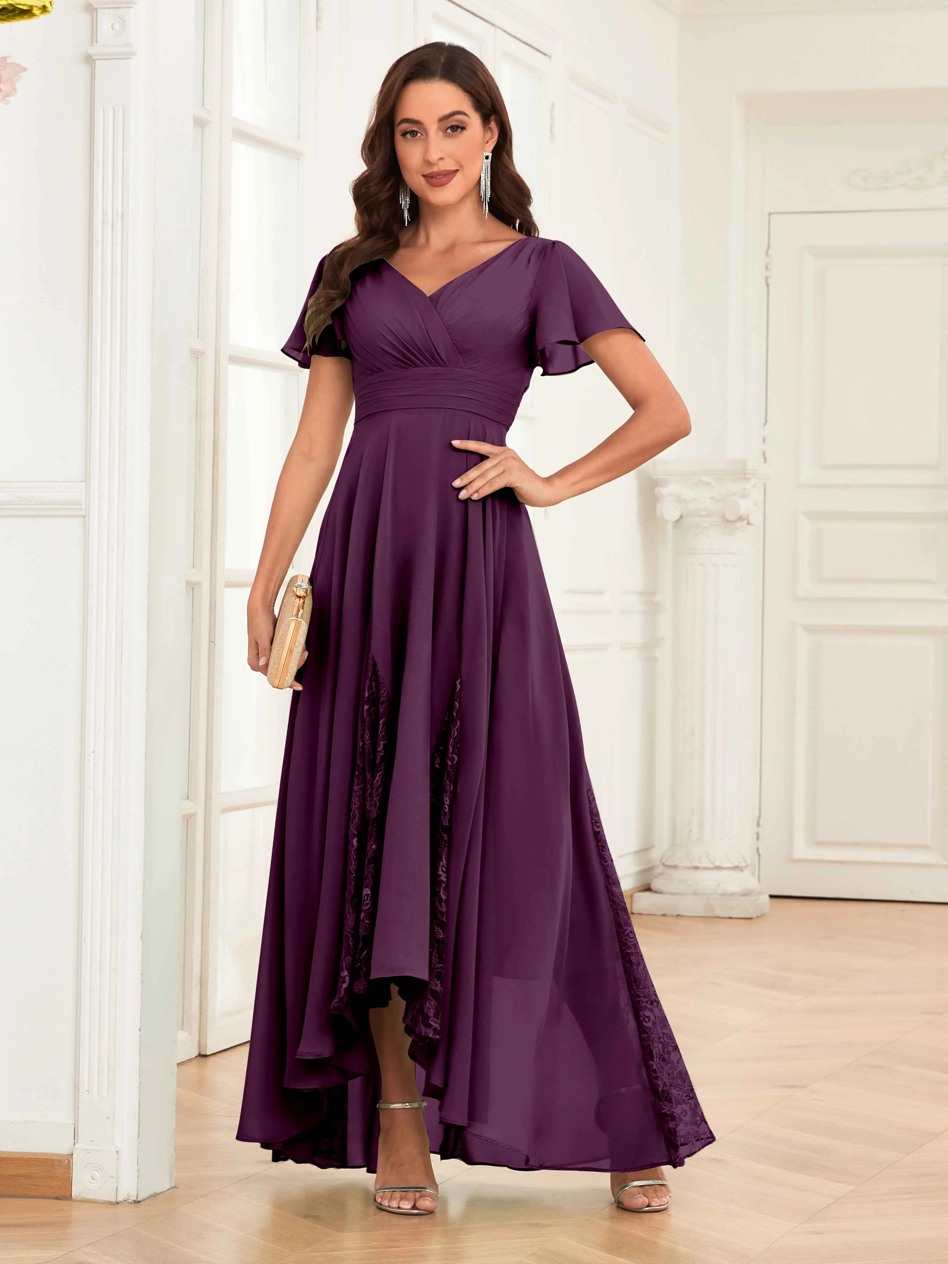 Mother of the Bride Chiffon Dress – Lace Ruched V-Neck High Low Formal Dress with Short Sleeves oaklynwear