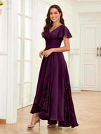 Mother of the Bride Chiffon Dress – Lace Ruched V-Neck High Low Formal Dress with Short Sleeves oaklynwear
