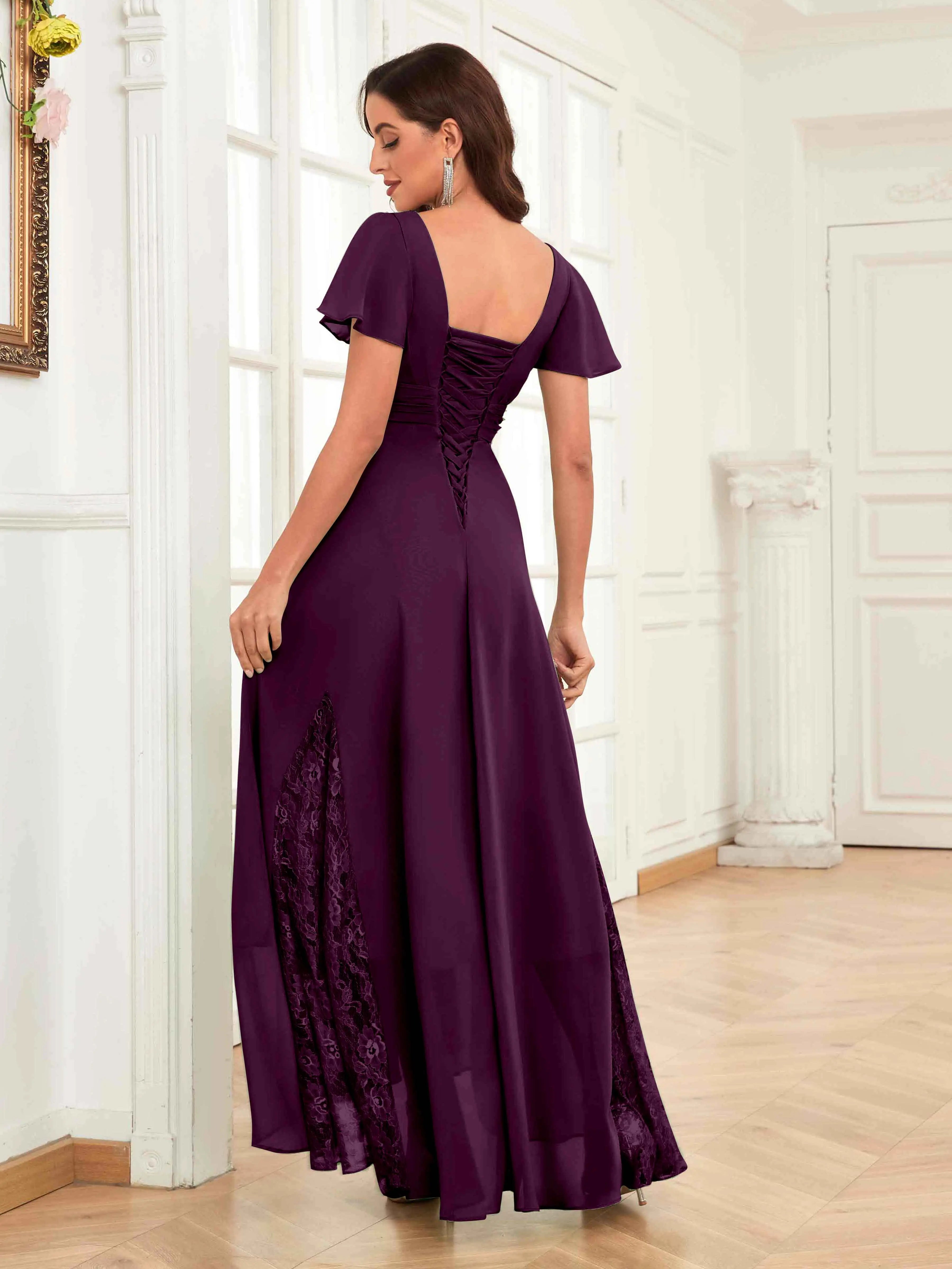Mother of the Bride Chiffon Dress – Lace Ruched V-Neck High Low Formal Dress with Short Sleeves oaklynwear