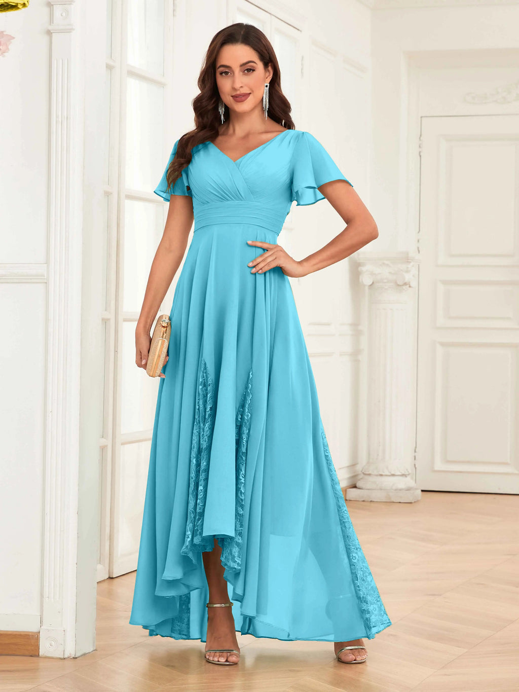 Mother of the Bride Chiffon Dress – Lace Ruched V-Neck High Low Formal Dress with Short Sleeves oaklynwear