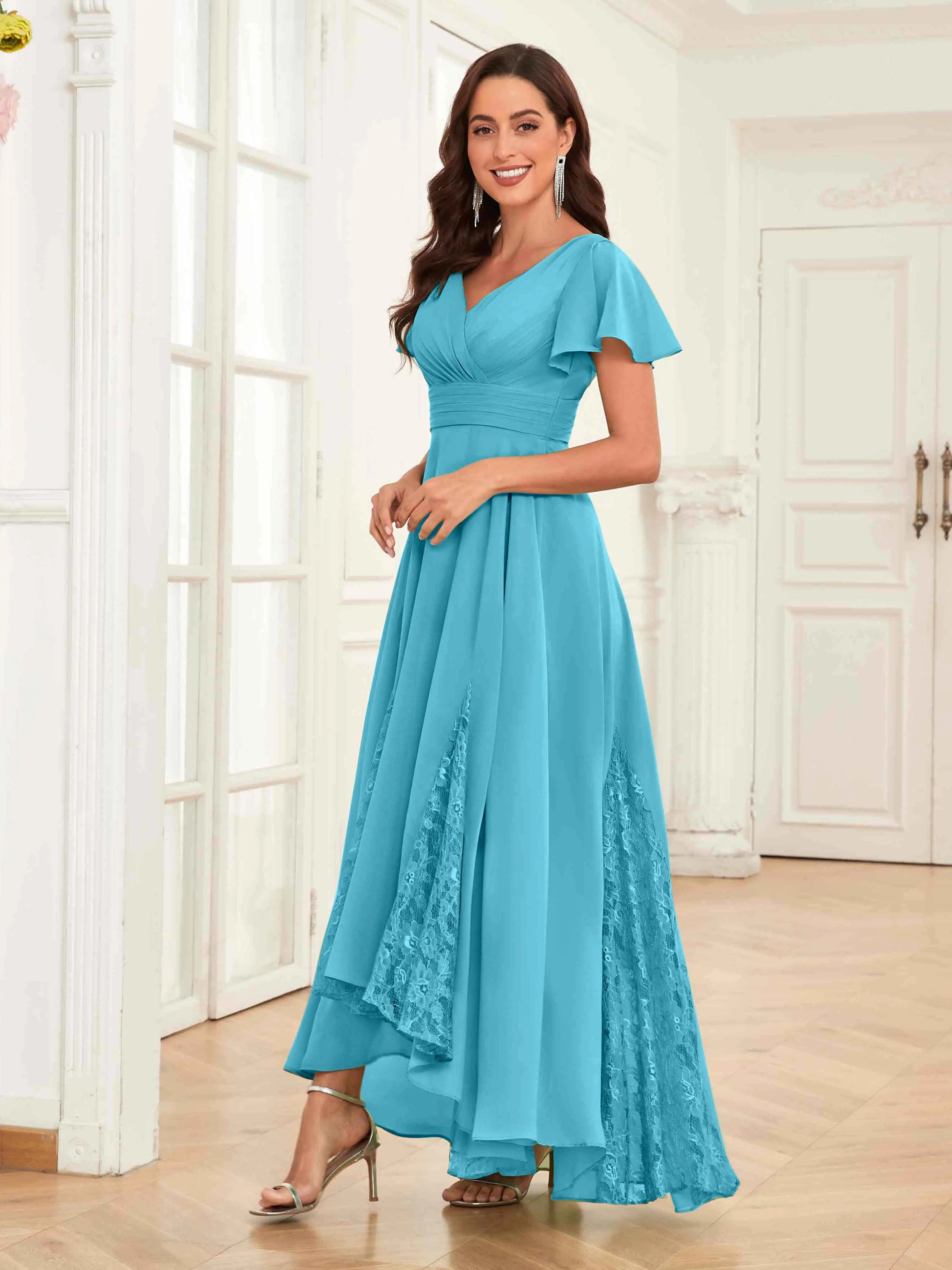 Mother of the Bride Chiffon Dress – Lace Ruched V-Neck High Low Formal Dress with Short Sleeves oaklynwear