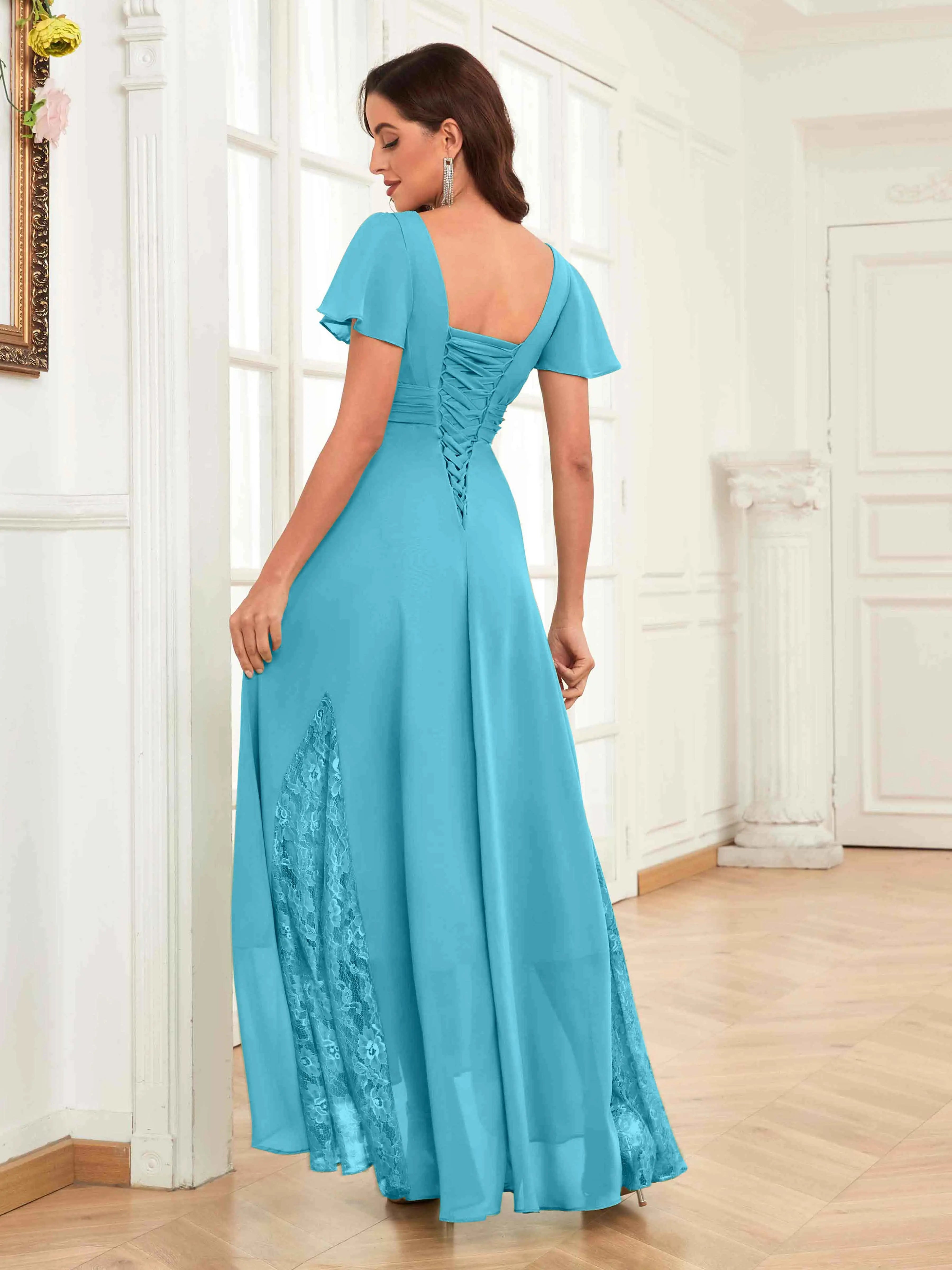 Mother of the Bride Chiffon Dress – Lace Ruched V-Neck High Low Formal Dress with Short Sleeves oaklynwear