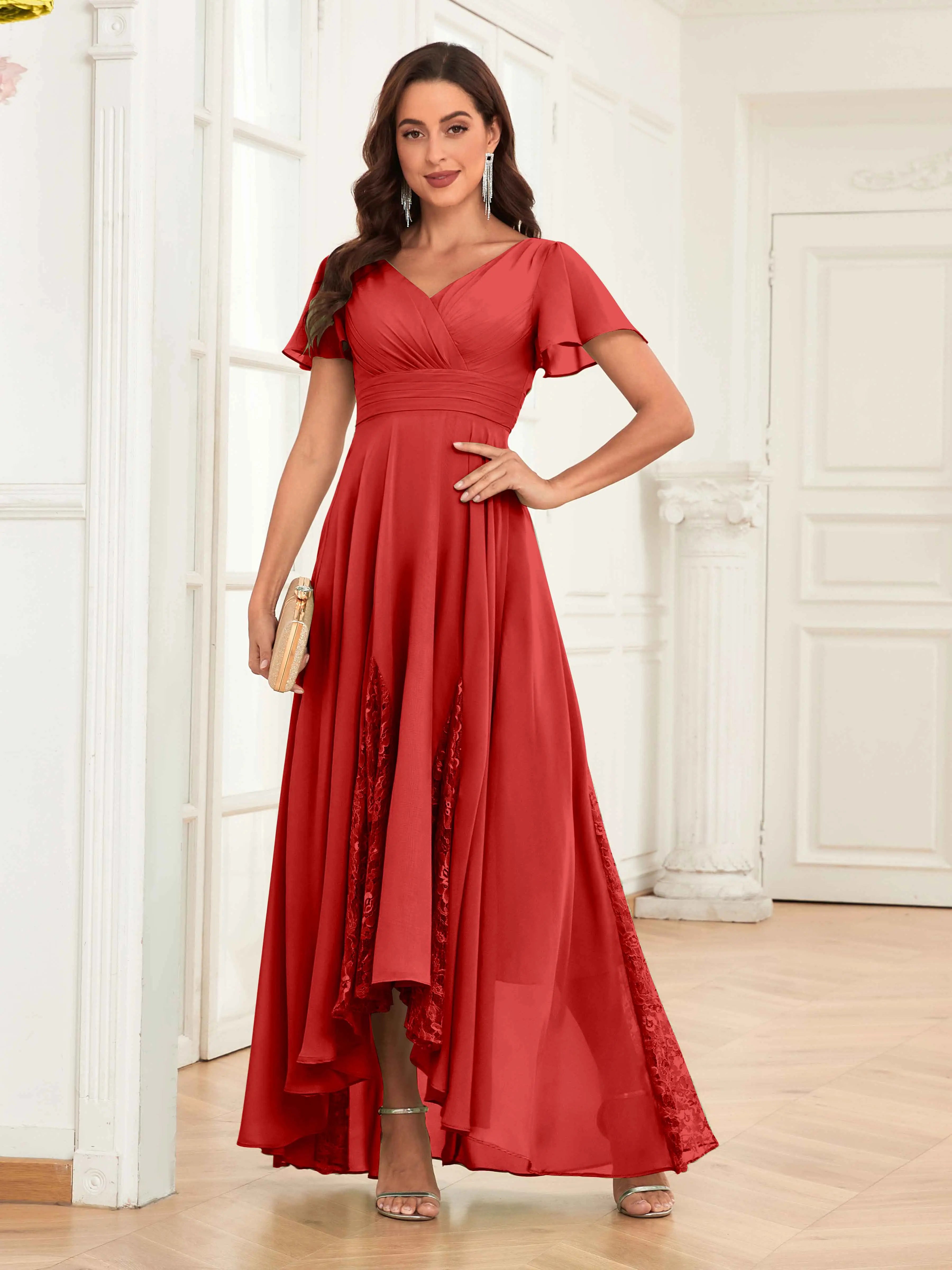 Mother of the Bride Chiffon Dress – Lace Ruched V-Neck High Low Formal Dress with Short Sleeves oaklynwear