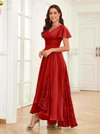 Mother of the Bride Chiffon Dress – Lace Ruched V-Neck High Low Formal Dress with Short Sleeves oaklynwear